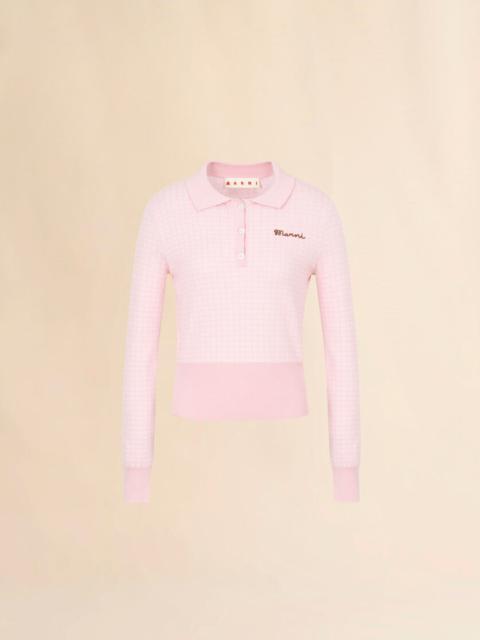 PINK WOOL-SILK POLO SHIRT WITH JACQUARD CHECK