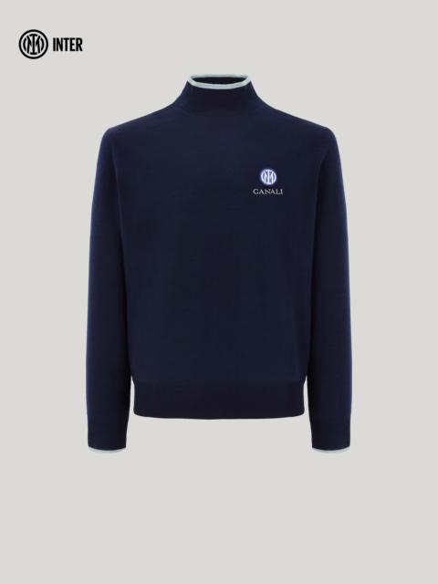 NAVY BLUE PURE WOOL MOCK NECK SWEATER WITH RIBBED DETAILS - INTER COLLECTION
