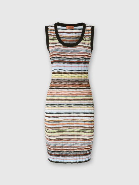 Striped ribbed cotton and viscose mini-dress with contrasting piping