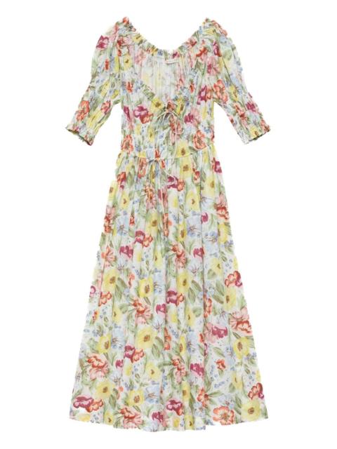 Ischia shirred floral-print midi dress