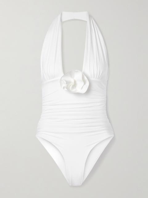 Pilaya Appliquéd Ruched Halterneck Swimsuit
