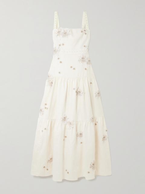 Lima Embellished Appliquéd Tiered Linen Maxi Dress