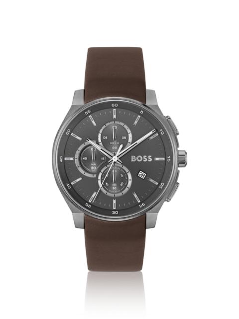 GRAY-PLATED CHRONOGRAPH WATCH WITH LEATHER STRAP
