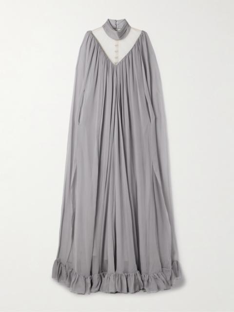 Cape-effect Tulle-paneled Ruffled Silk-chiffon Gown