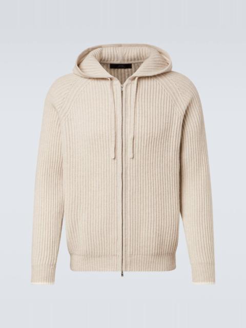 Hooded ribbed-knit cashmere zip-up cardigan