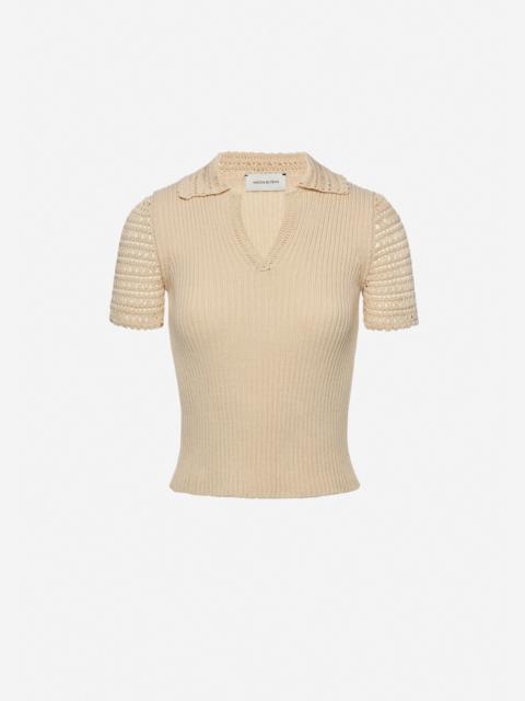 Ribbed polo knit top in cream