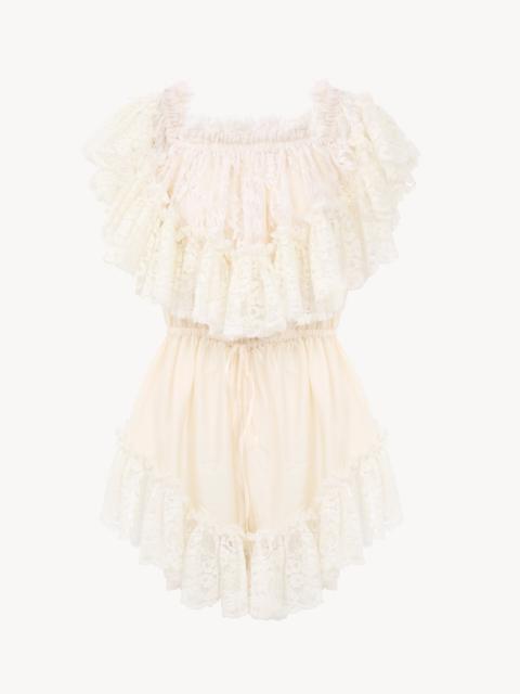 OFF-THE-SHOULDER MINI JUMPSUIT IN WASHED SILK SATIN & LACE