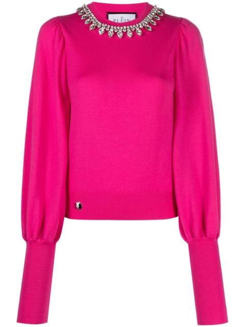 Crystal-embellished wool knitted jumper