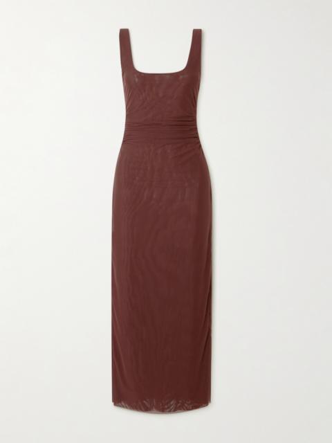 Jacques Open-back Gathered Stretch-mesh Midi Dress
