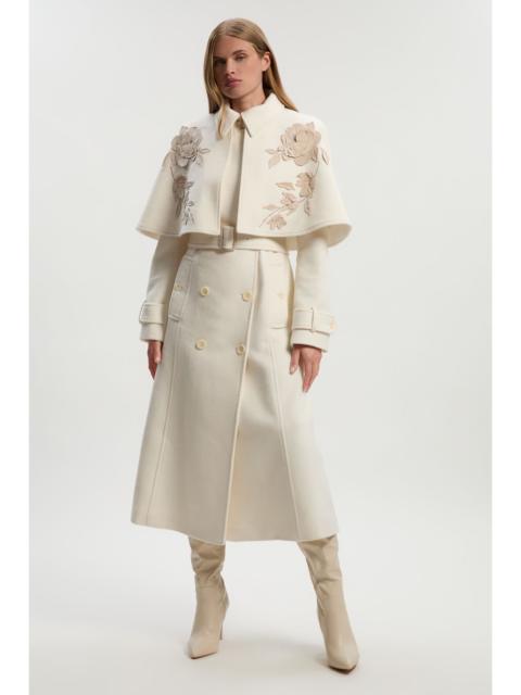 Brushed Wool Pu Mix Placed Floral Embroidery Applique Tailored Cape Full Skirted Midi Coat
