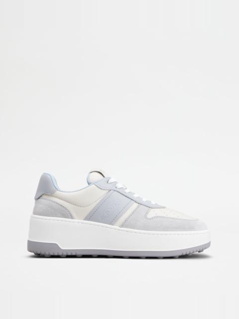 PLATFORM SNEAKERS IN LEATHER - WHITE, GREY, LIGHT BLUE