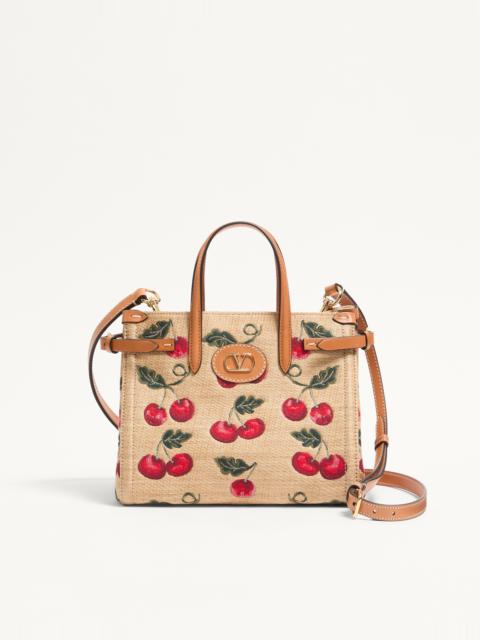 VALENTINO GARAVANI ANTIBES SMALL SHOPPING BAG IN SYNTHETIC JACQUARD RAFFIA WITH CHERRYFIC PATTERN