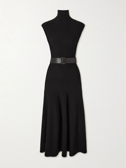 Belted leather-trimmed wool-blend turtleneck midi dress Black