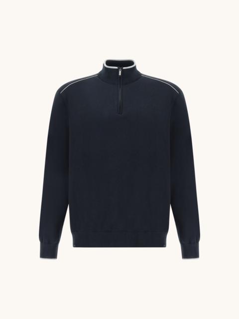 HALF‑ZIP SWEATER IN COTTON AND SILK WITH AQUALEATHER SUEDE DETAILS