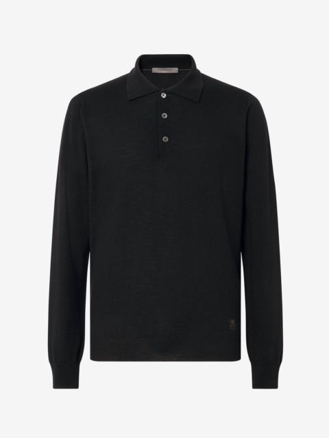 Black button-up extra fine merino wool polo shirt