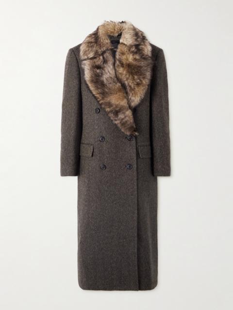 Edina Double-breasted Shearling-trimmed Herringbone Wool Coat
