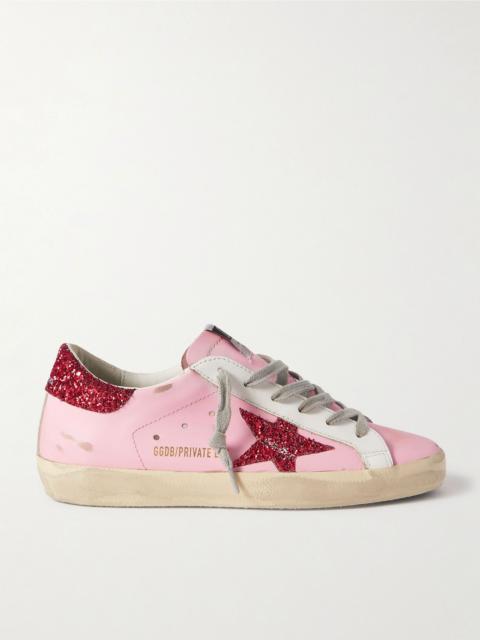 Superstar glittered distressed leather sneakers Pink