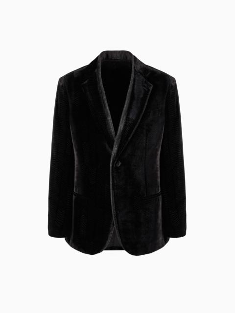 Giorgio’s single-breasted tuxedo jacket in a chevron print velvet