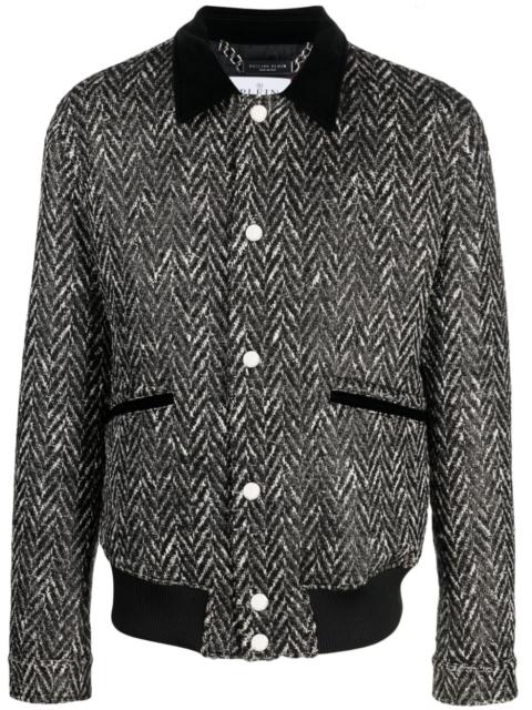herringbone-pattern wool bomber jacket