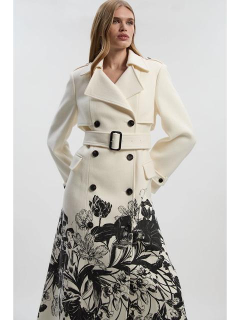 Wool Placement Print Tailored Double Breasted Belted Midi Coat