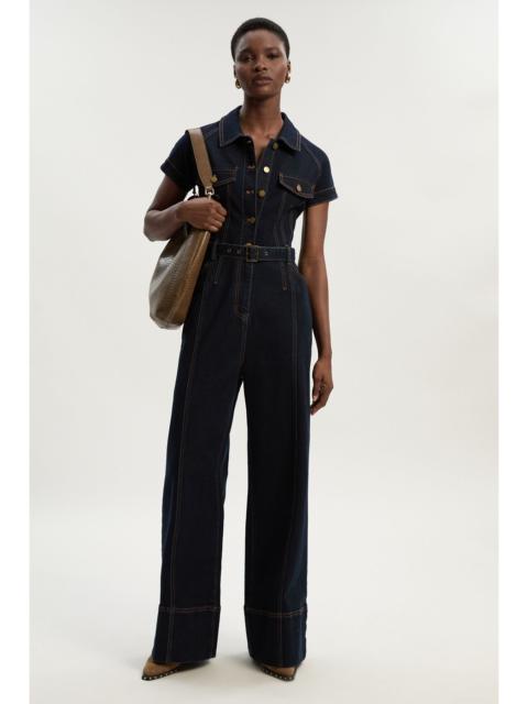 Petite Denim Corset Waist Detail Wide Leg Jumpsuit