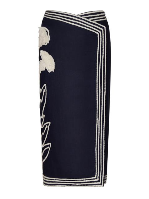 De Tropico Embroidered Linen Midi Skirt navy
