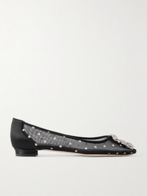 Hangisiflat Satin-trimmed Crystal-embellished Flocked Mesh Point-toe Ballet Flats