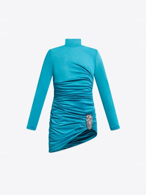 CRYSTAL CLUSTER DRAPED LONG SLEEVE MINI DRESS