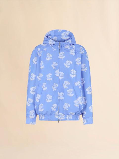 LIGHT BLUE TAFFETA BOMBER WITH SPRAYED ROSES PRINT