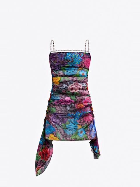 CRYSTAL EMBELLISHED PRINTED TULLE MINI DRESS