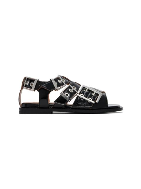 Black Feminine Buckle Strap Naplack Flat Sandals