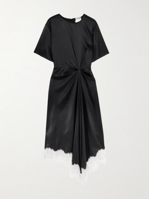 Sonoma Asymmetric Gathered Lace-trimmed Silk-blend Satin Midi Dress