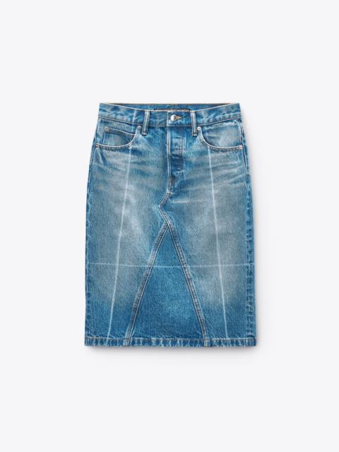 Vintage-Effect Marbled Blue Foldline Denim Skirt