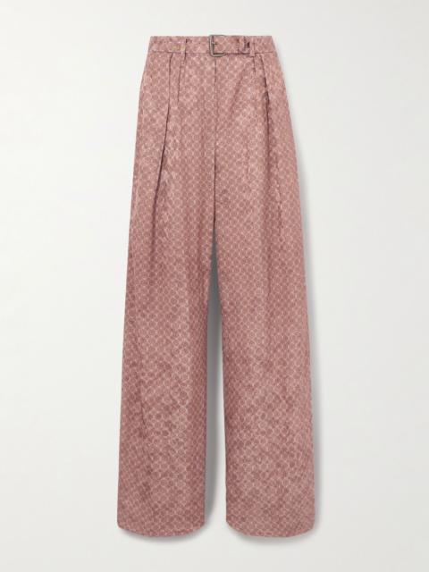 Belted pleated printed satin-jacquard wide-leg pants Peach