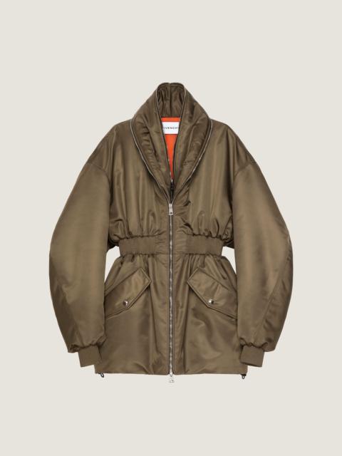 HOURGLASS BOMBER WITH ZIPPED SHAWL COLLAR IN NYLON