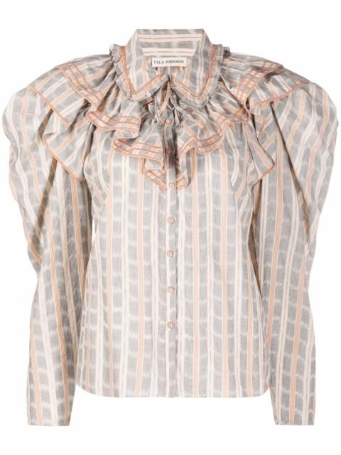 ruffled-neck check pattern blouse