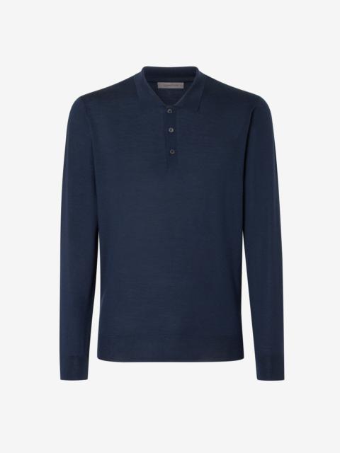 Blue 120's extra-fine wool button-up polo
