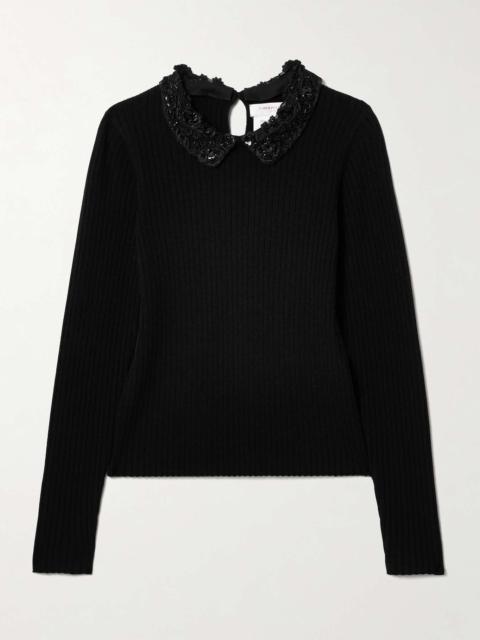 Convertible embellished crochet-trimmed ribbed wool sweater Black