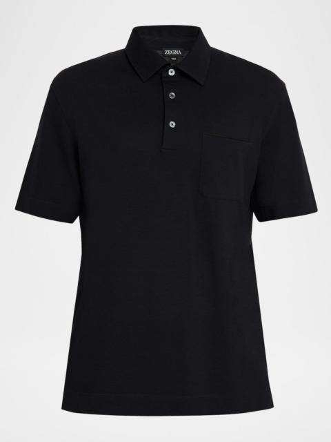 Men's Cotton Polo Shirt with Leather-Trim Pocket