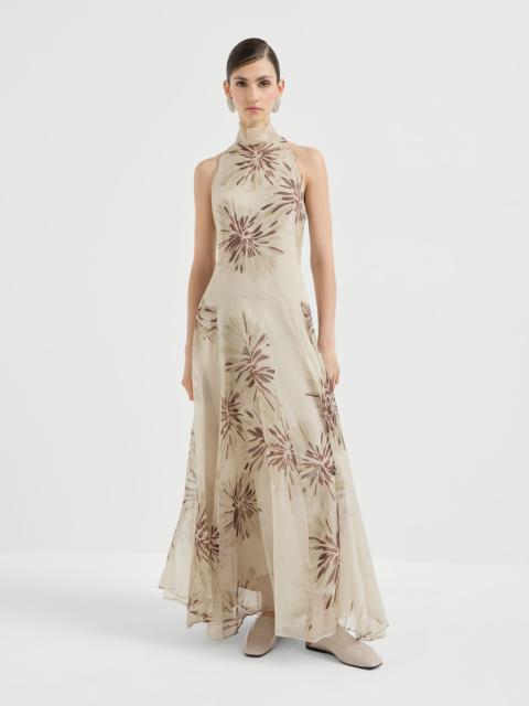 Bloom print silk organza dress with monili