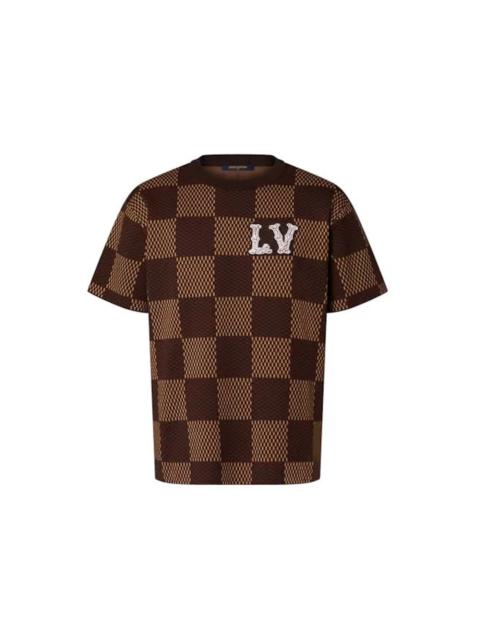 Louis Vuitton Short-Sleeved Cotton Damier Crewneck with Crystal LV Patch Sienna