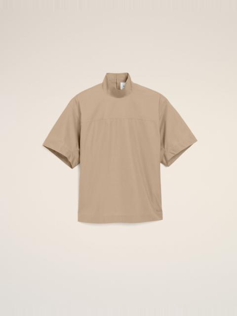 BEIGE COTTON STAND UP COLLAR BUTTONED T TOP