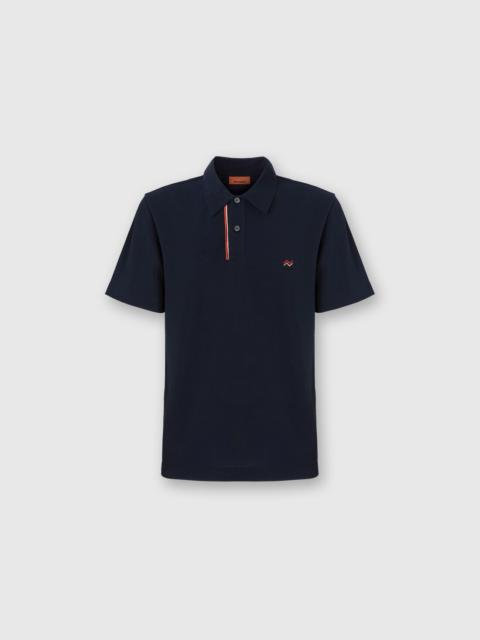 Solid color cotton piqué polo shirt with zigzag embroidery and contrasting detail