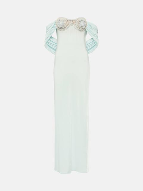 Crochet-trimmed off-shoulder maxi dress