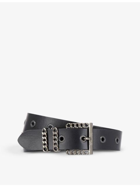 Chain-embellished logo-embossed leather belt