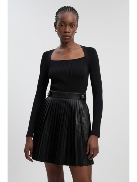 Viscose Rib Pu Mix Tab Detail Pleated Knit Mini Dress