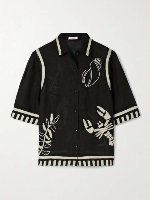 Mermaid Crab embroidered linen shirt Black