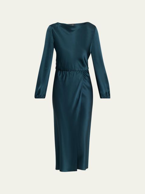 High-Neck Long-Sleeve Satin Midi Dress