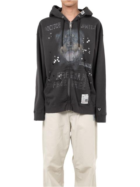 Animal Printed Embellished Distressed Zip-up Hoodie