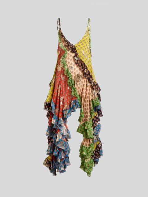 SILK MINI DRESS WITH RUFFLES AND TIE-INSPIRED MOTIF